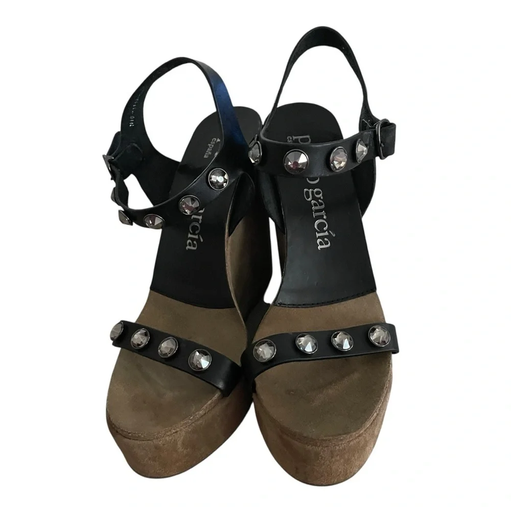 Pedro Garcia Black and Brown Platform Sandals with Ankle Straps Size 9